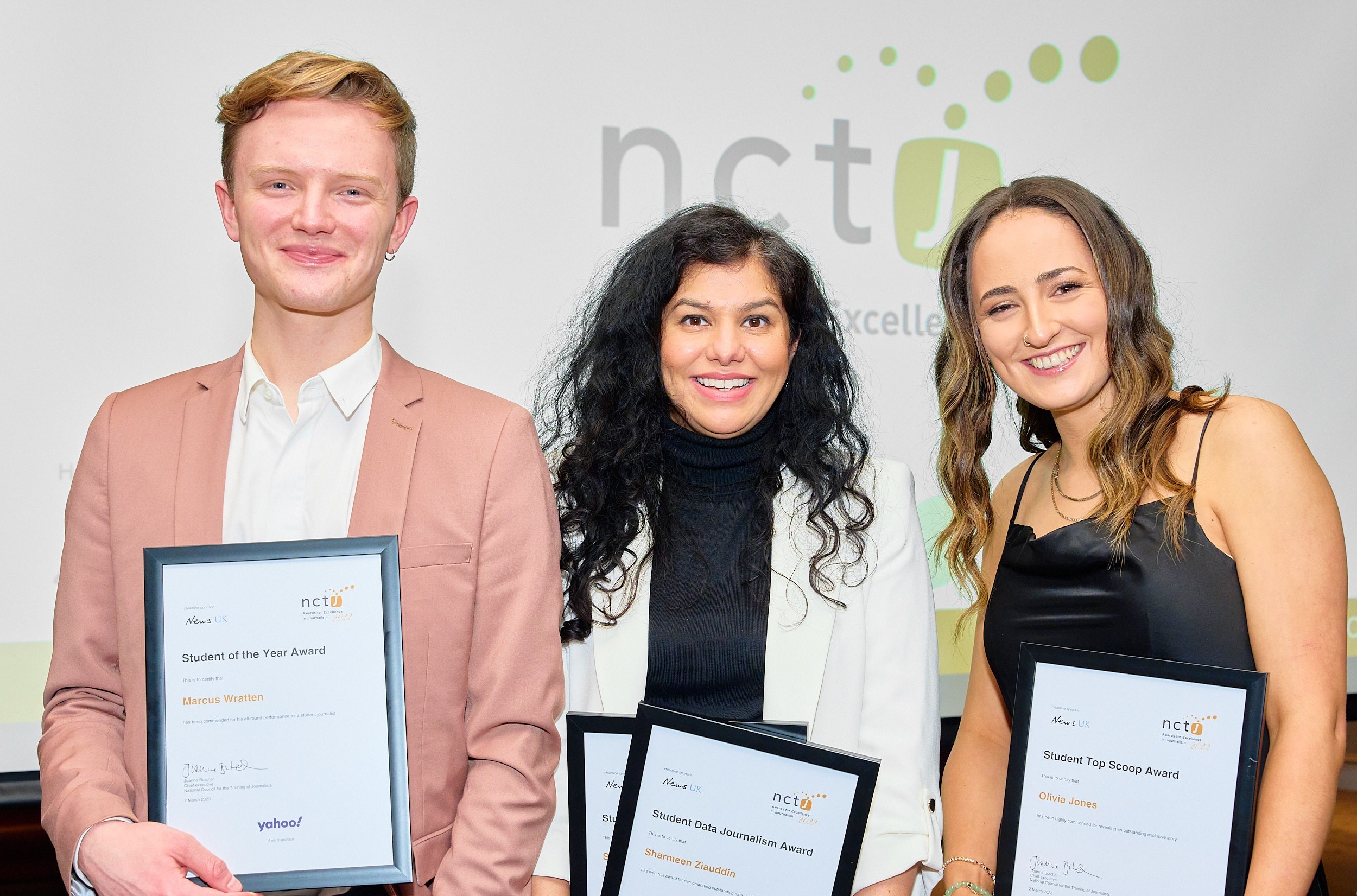 Marcus Wratten, Sharmeen Ziauddin and Olivia Jones pose for a picture with their certificates.